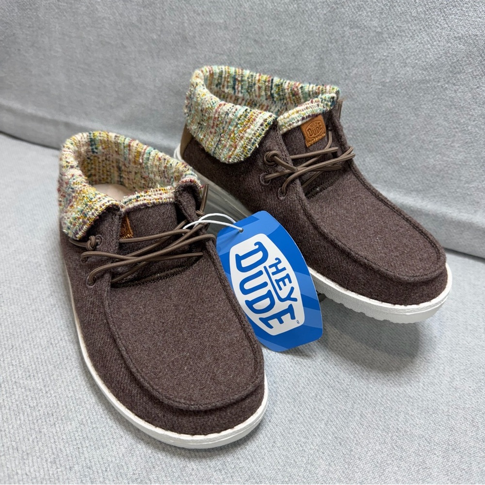 NWT - Hey Dude Kids Wendy Fold Baja Brown High-Top Knit-Cuff Sneakers
